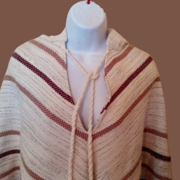 Beige Brown Crème Heavy Knit Hooded Poncho - Picture 3 of 6
